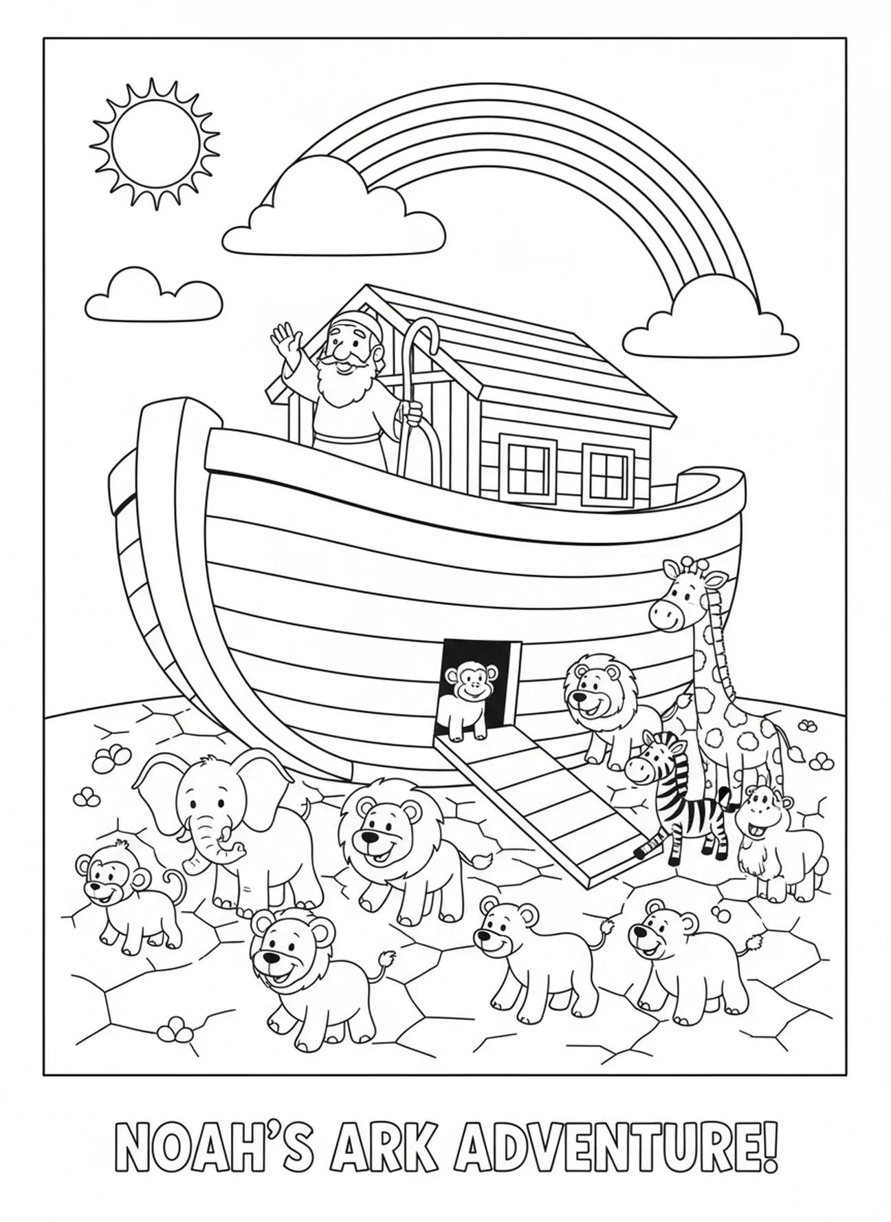 L'arche de Noé reposant sur la terre ferme, page à colorier Biblique pour les enfants de 5 à 10 ans