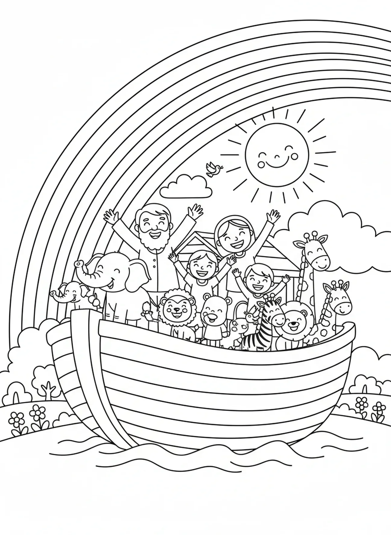 Arc-en-ciel au-dessus de l'arche de Noé, page à colorier Biblique pour enfants de 5 à 10 ans