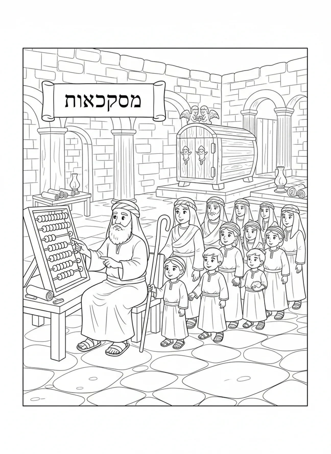 Moïse comptant des personnes avec un boulier, page à colorier des Nombres 1:10 pour les enfants de l'École du dimanche âgés de 5 à 12 ans.