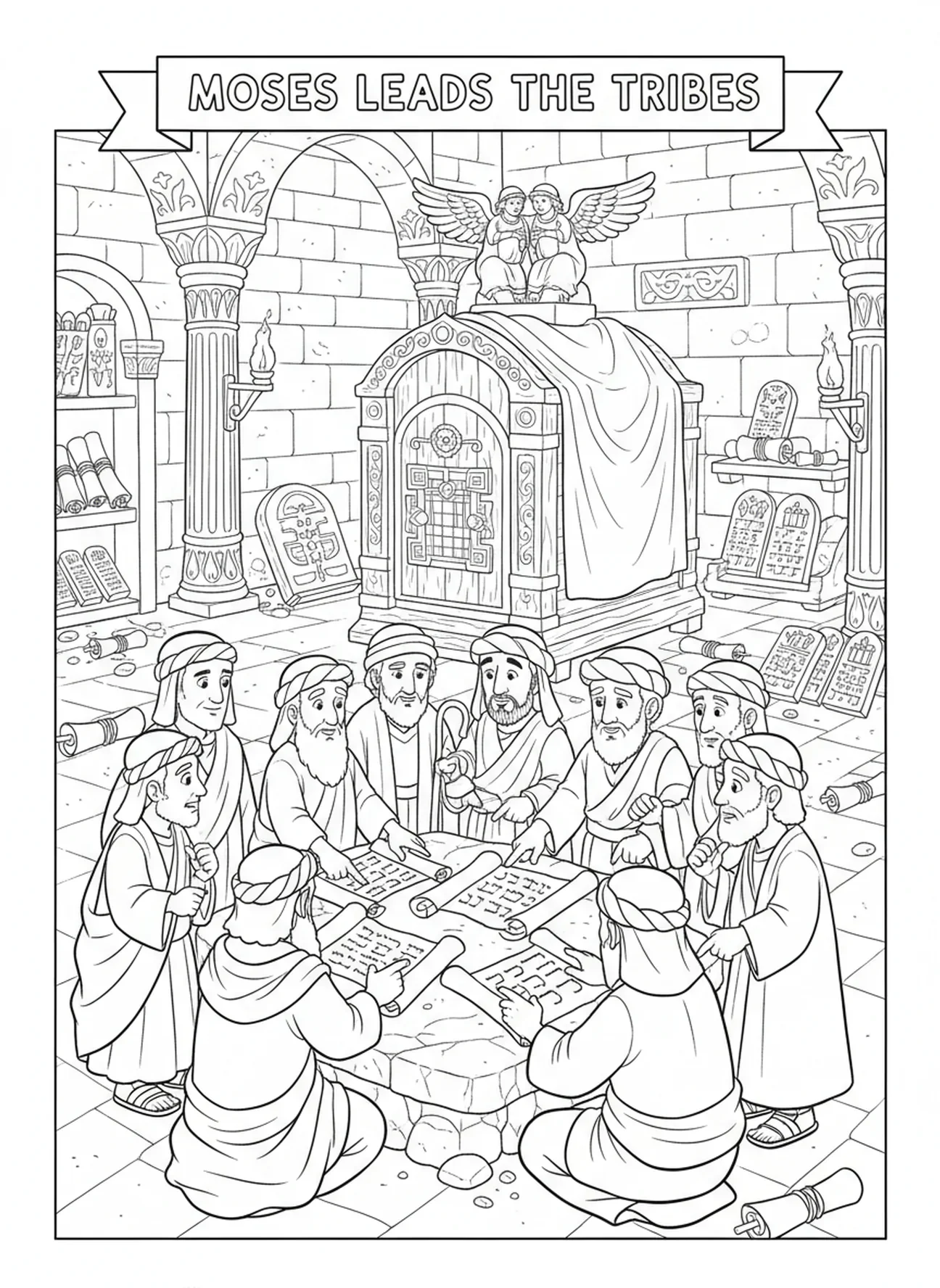 Moïse et les chefs de tribu, page à colorier des Nombres 1:10 pour les enfants de l'École du dimanche âgés de 5 à 12 ans.
