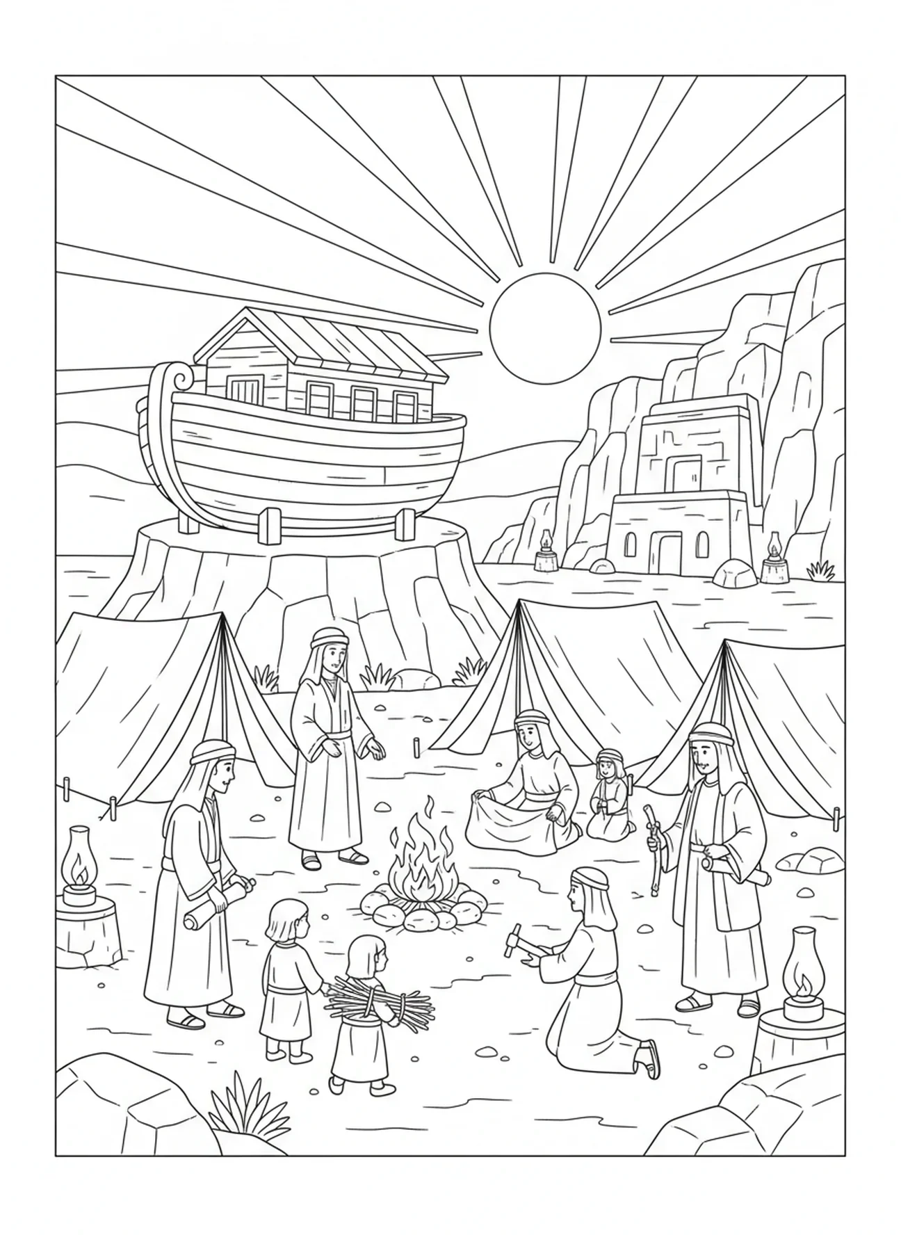 Des familles montent des tentes, page à colorier de la Bible Nombres 1:10 pour les enfants de l'École du dimanche âgés de 5 à 12 ans.