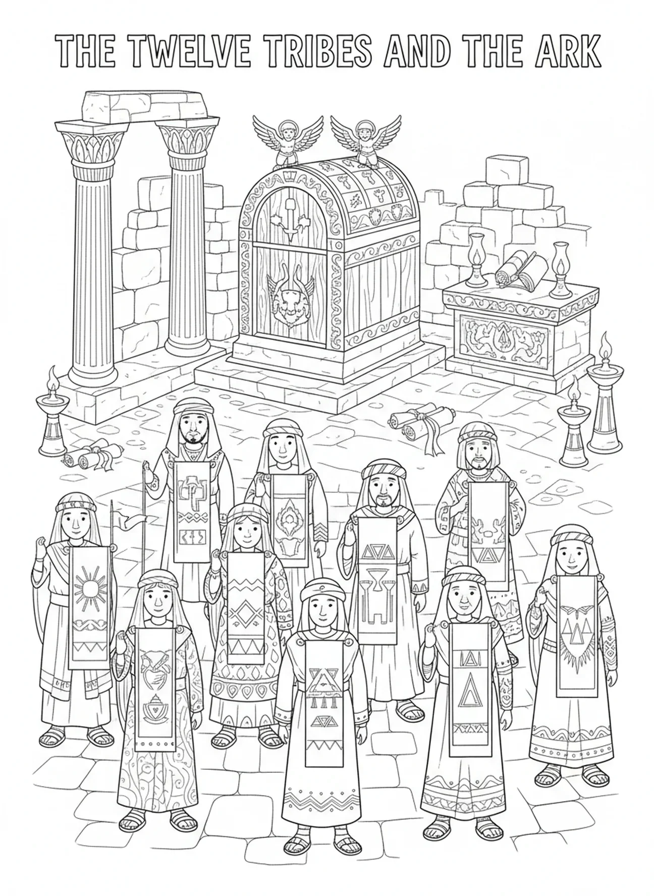 Représentants des douze tribus, page à colorier Bible Nombres 1 10 pour les enfants de l'École du dimanche âgés de 5 à 12 ans.