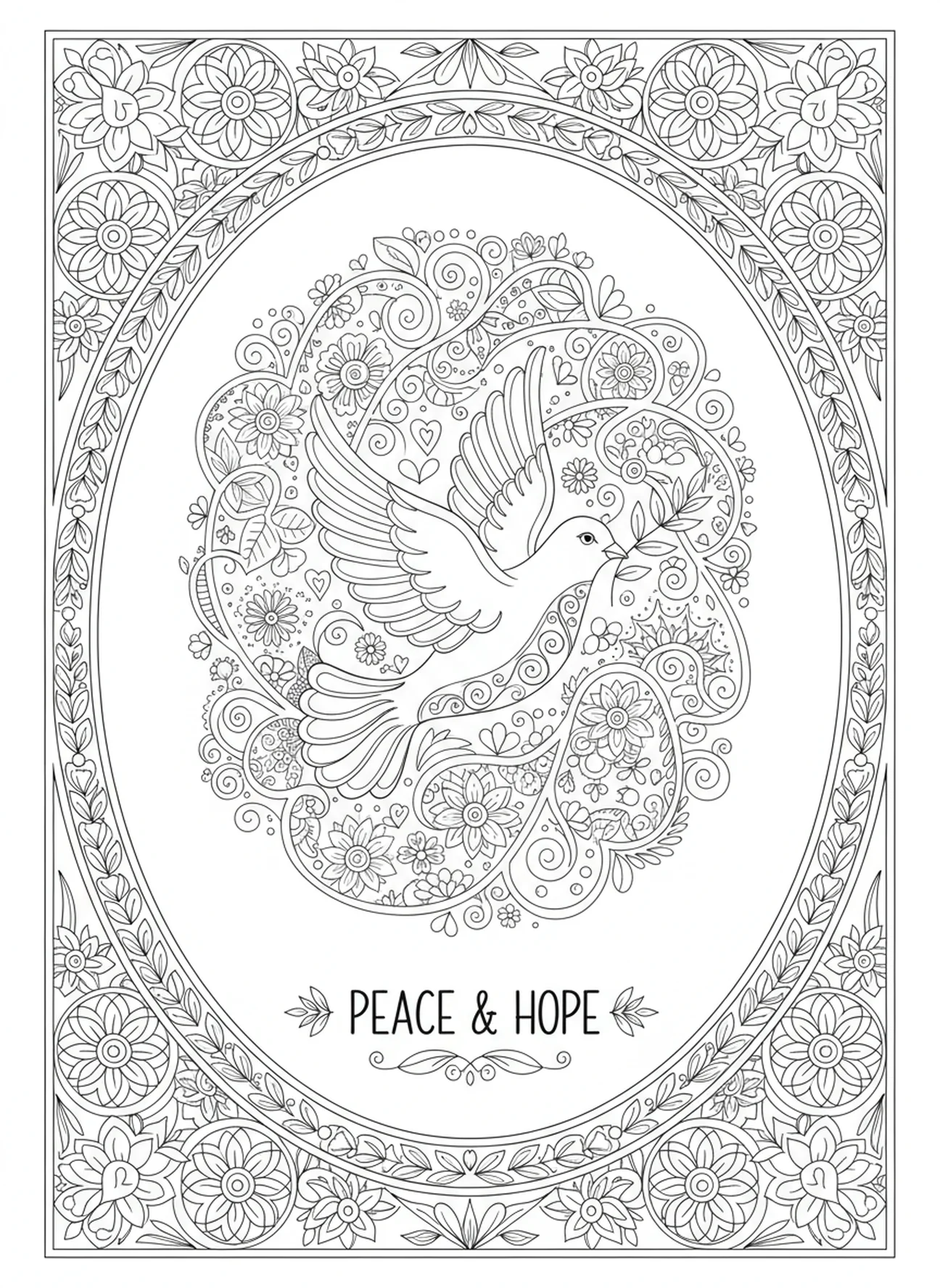 Colombe portant une branche d'olivier avec des motifs décoratifs, page à colorier sur la foi, l'espoir et l'amour tirée de 1 Corinthiens 13:13, style de journal biblique pour adultes.