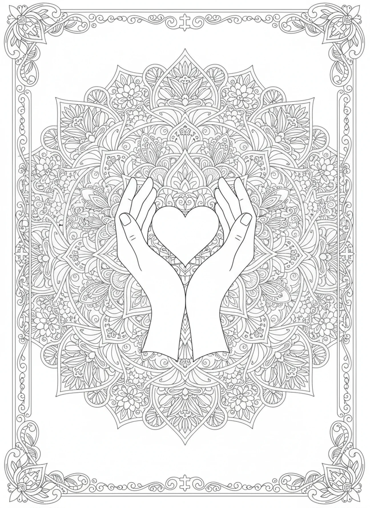 Des mains tenant un cœur entouré de motifs, 1 Corinthiens 13:13 page à colorier Foi Espérance Amour pour adultes dans le style du journal biblique.