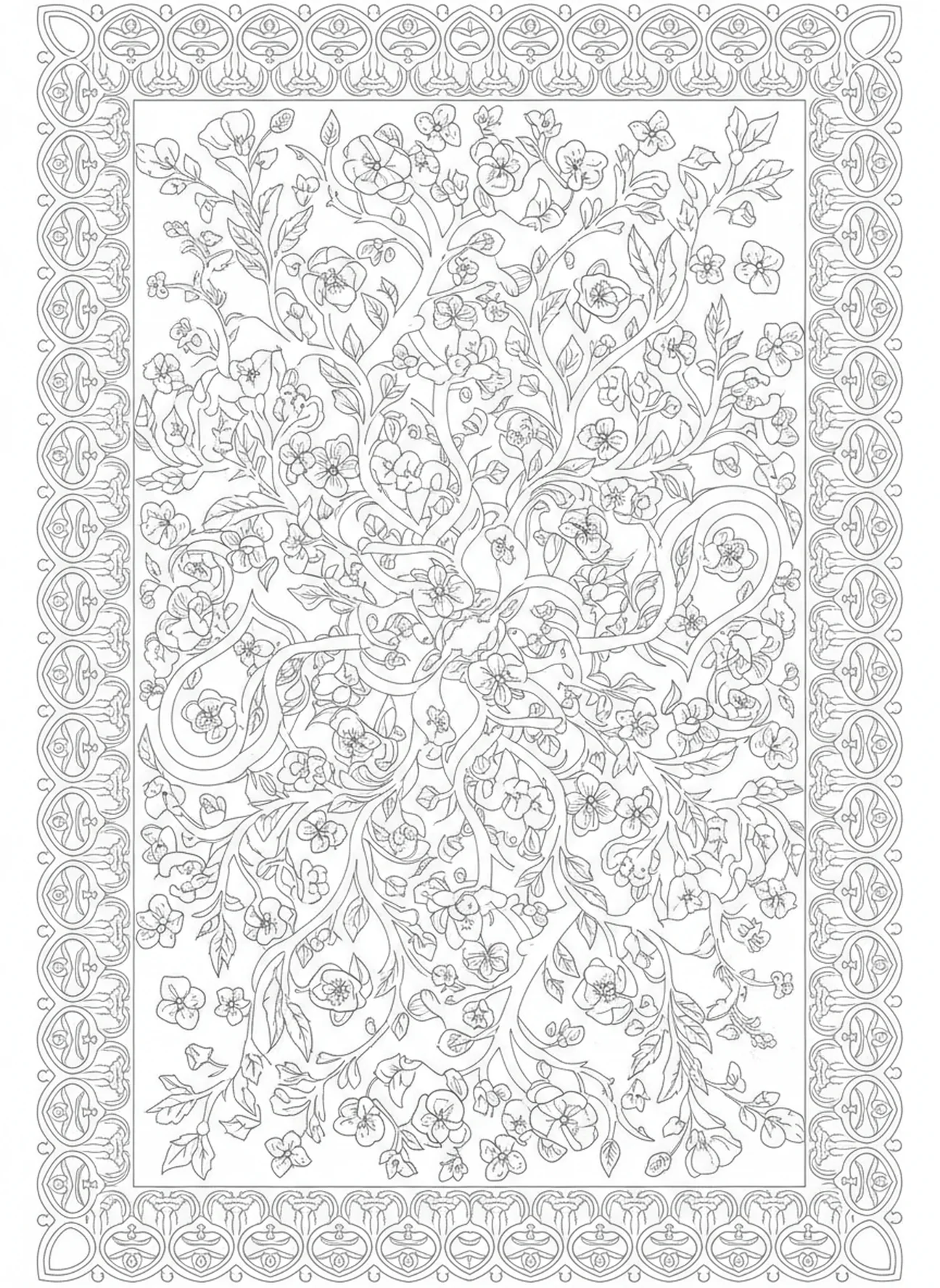 Branches entrelacées avec des fleurs, 1 Corinthiens 13:13 page à colorier sur la foi, l'espérance et l'amour pour adultes dans un style de journal biblique.