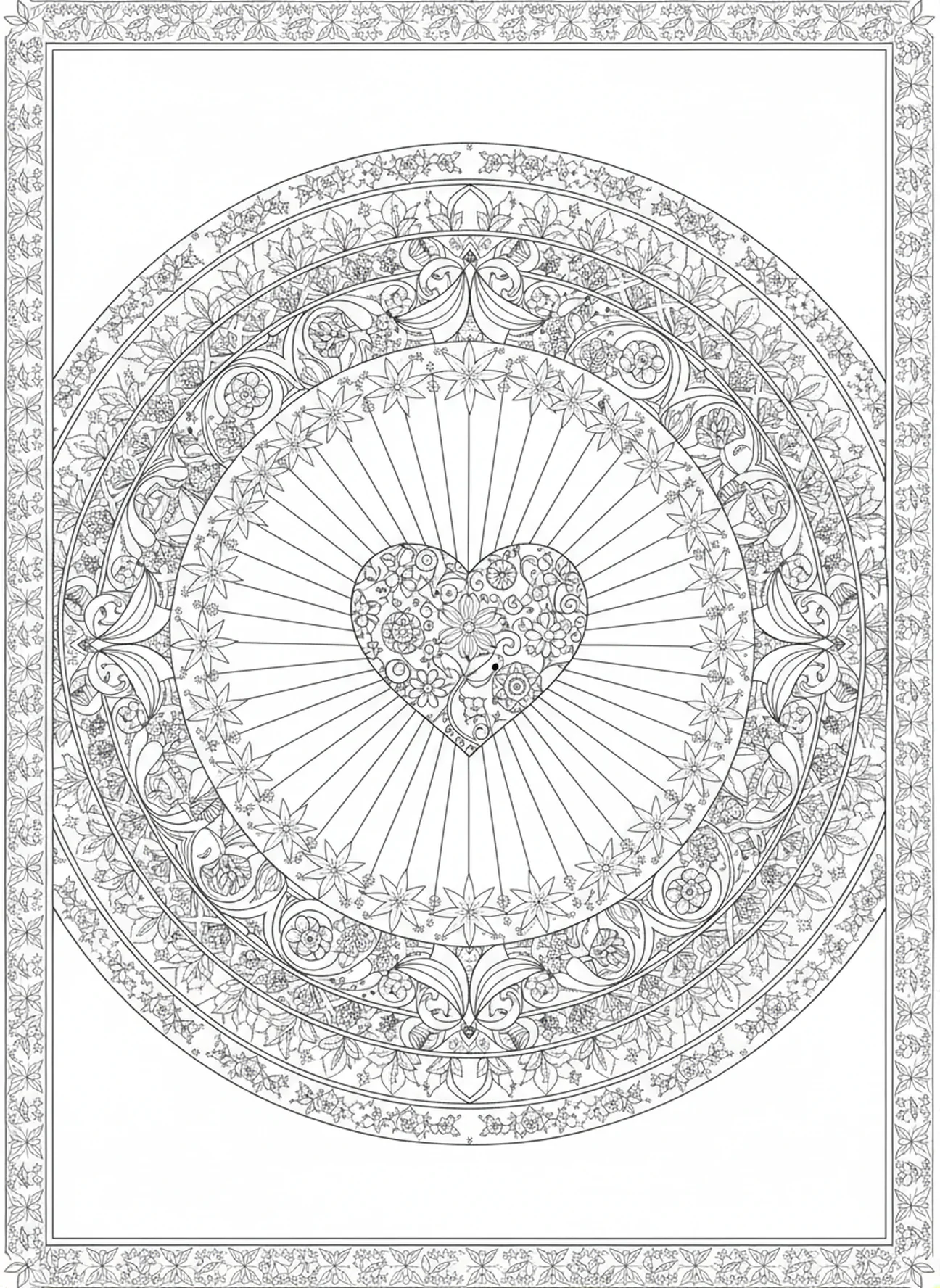 Cœur lumineux rayonnant entouré d'étoiles et de fleurs, page à colorier 1 Corinthiens 13:13 Foi Espérance Amour pour adultes dans un style de journal biblique.