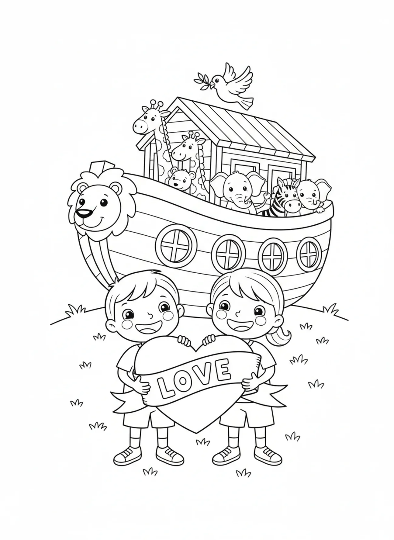 Zwei Kinder teilen ein Herz, 1 Korinther 13,13 Glauben Hoffnung Liebe Malvorlage für Kinder im Alter von 5-10 Jahren