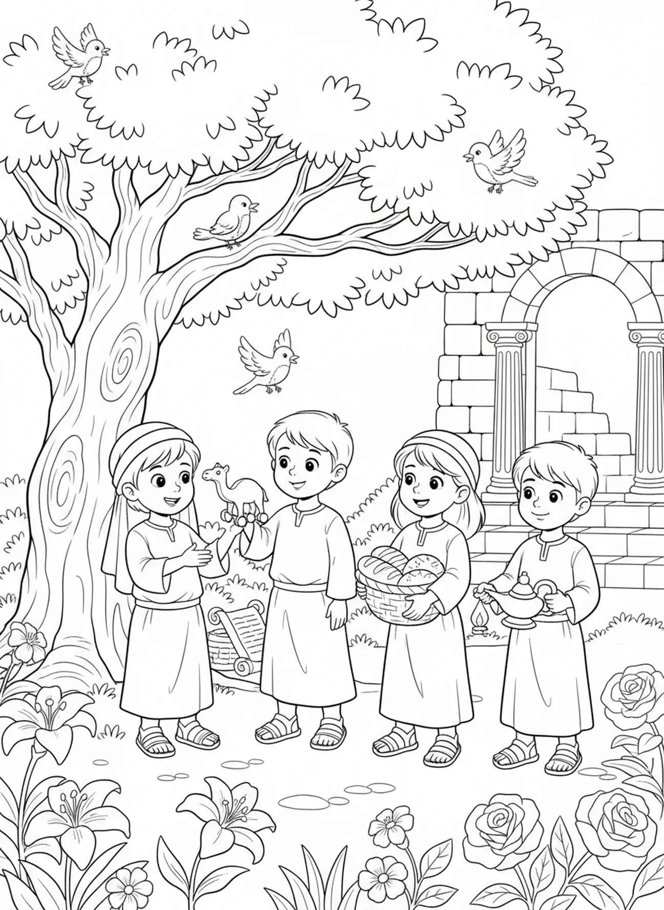 Dzieci dzielące się zabawkami i jedzeniem, 1 Koryntian 13:13 Kolorowanka o wierze, nadziei i miłości dla dzieci w katechezie w wieku 5-12 lat