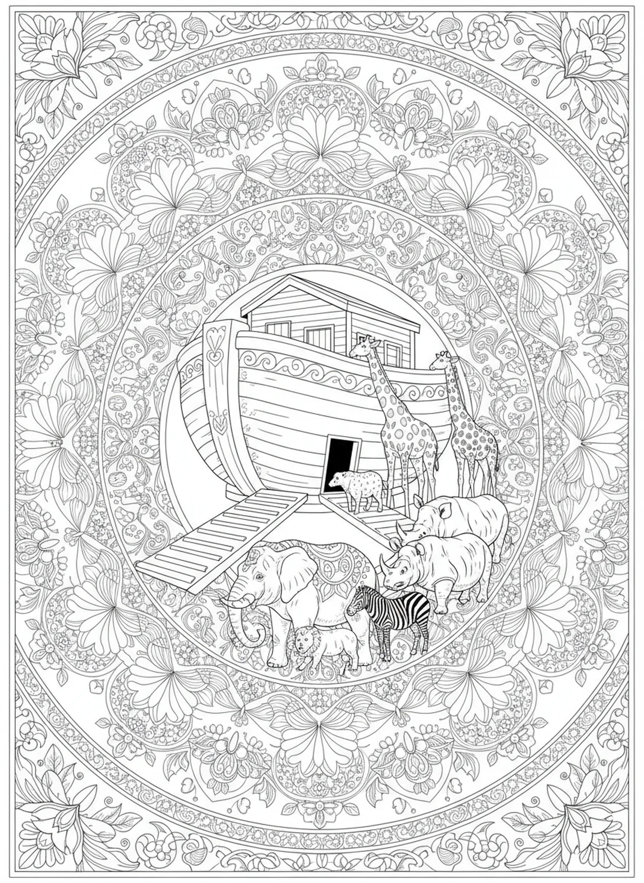 Pares de animales entrando en el arca, página para colorear de 1 Corintios 13:4 estilo de journaling bíblico para adultos