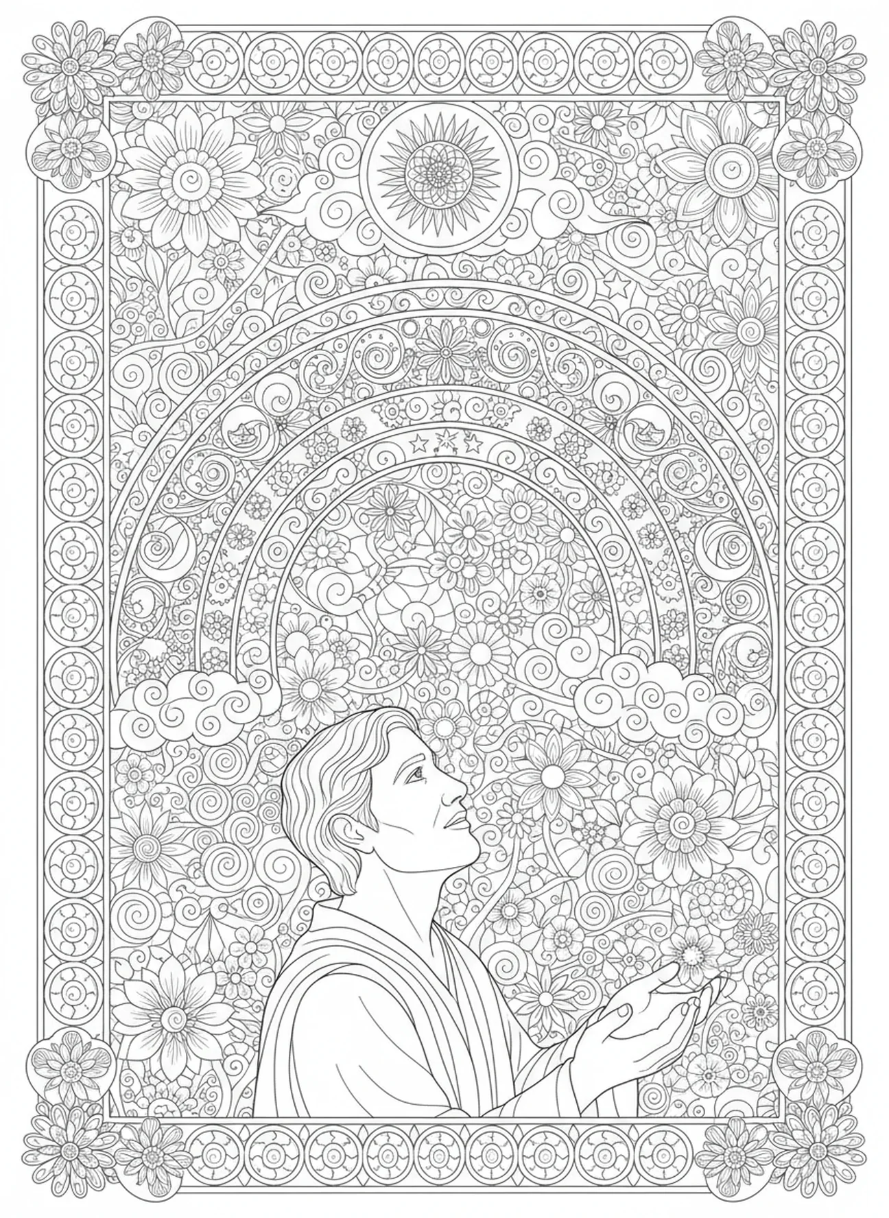 Noé mirando al cielo, página para colorear de 1 Corintios 13:4 estilo de journaling bíblico para adultos