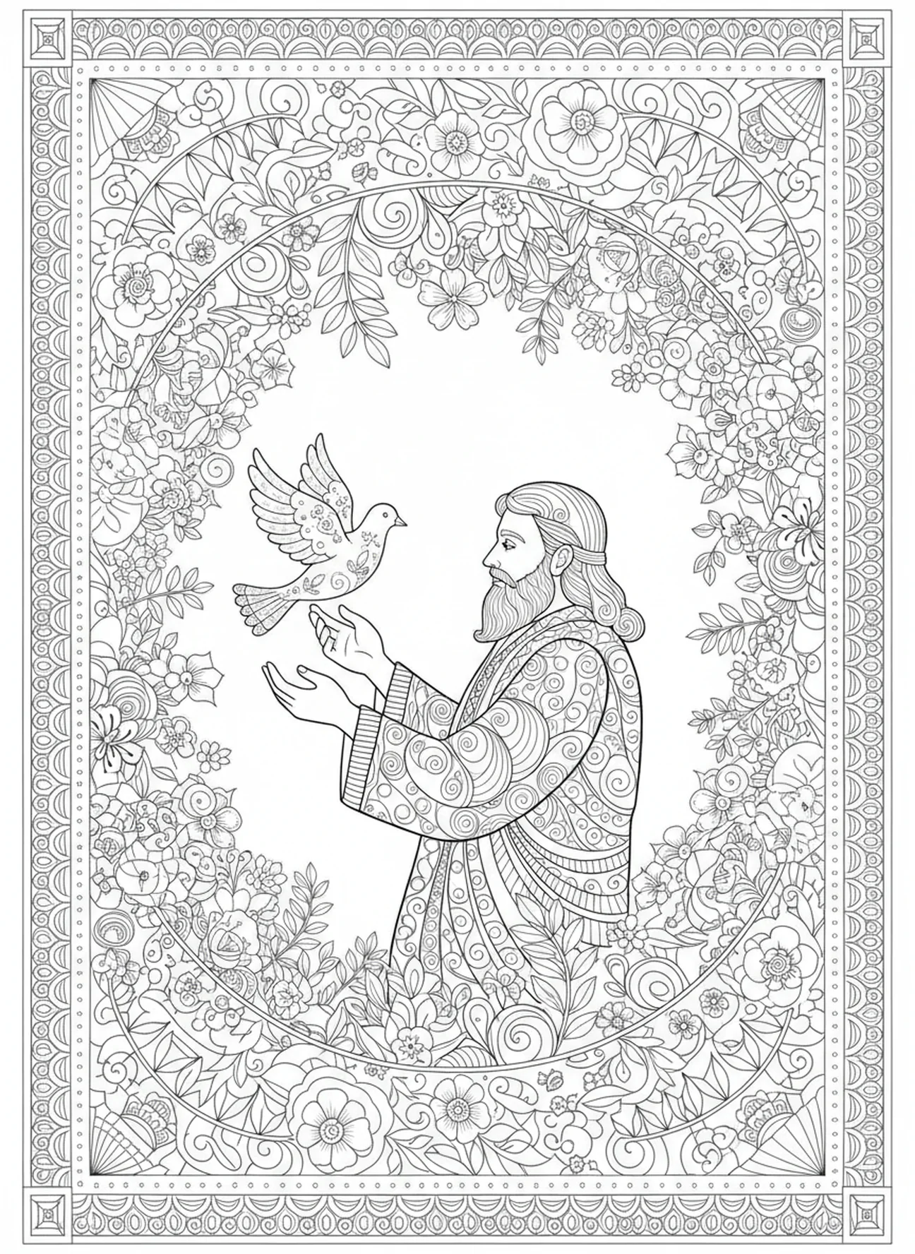 Noé soltando una paloma, 1 Corintios 13:4 página para colorear estilo journaling bíblico para adultos