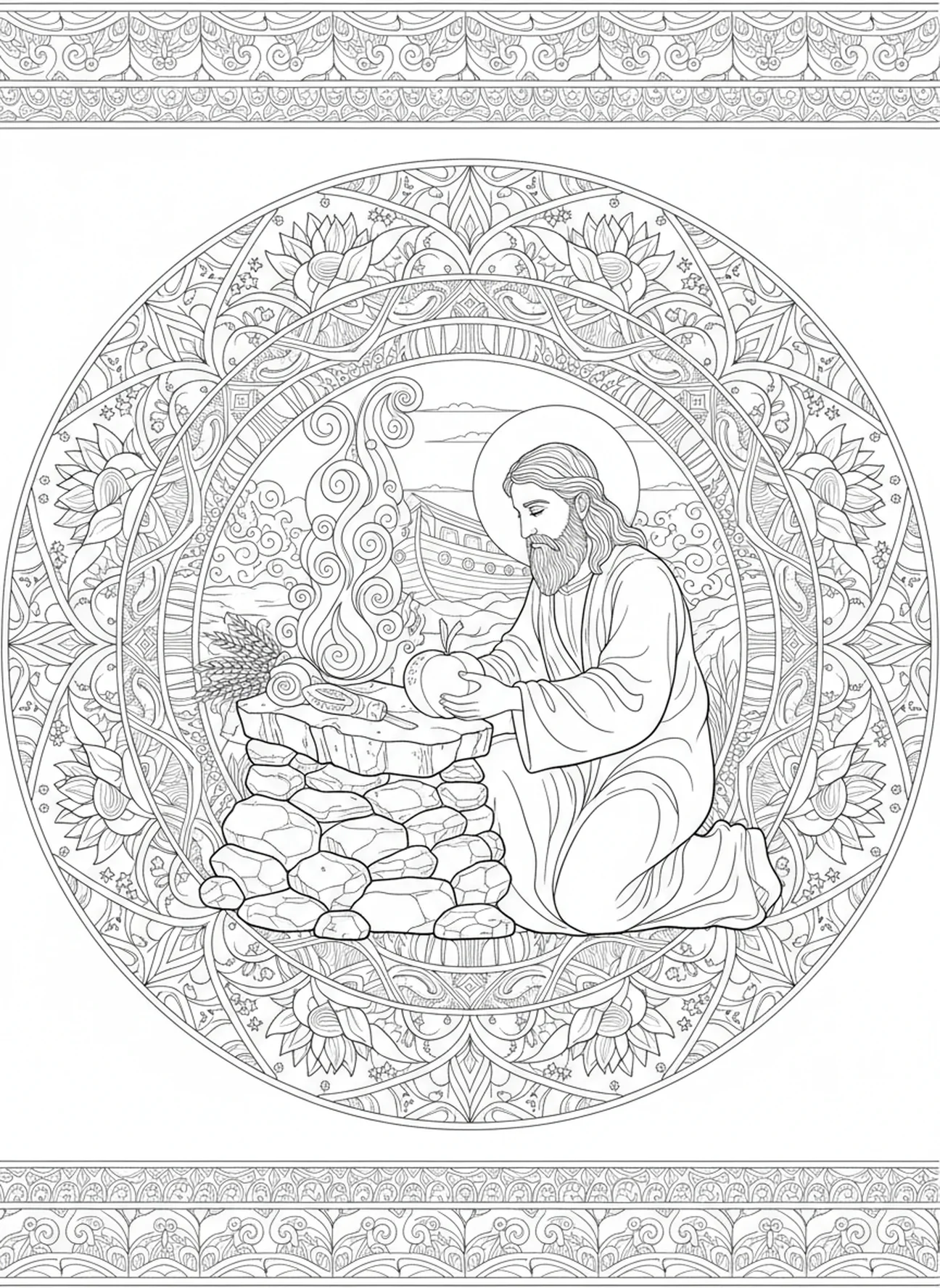 Noé construyendo un altar, 1 Corintios 13:4 página para colorear estilo journaling bíblico para adultos