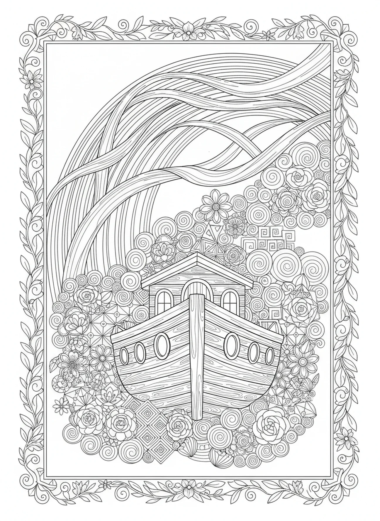 Arcoíris sobre el arca, página para colorear 1 Corintios 13:4 estilo de journaling bíblico para adultos