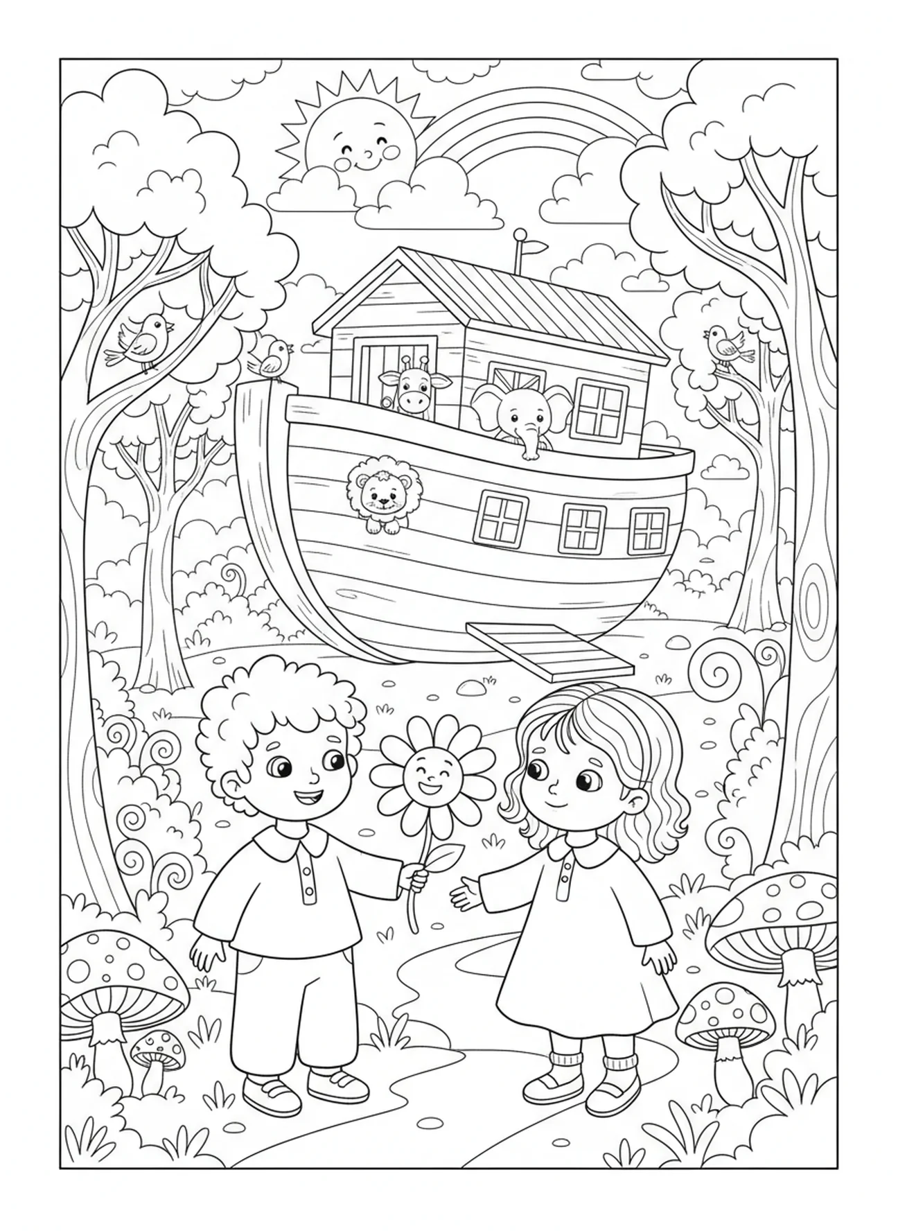 Kind gibt einer Blume, 1 Korinther 13,4 Malvorlage für Kinder im Alter von 5-10 Jahren