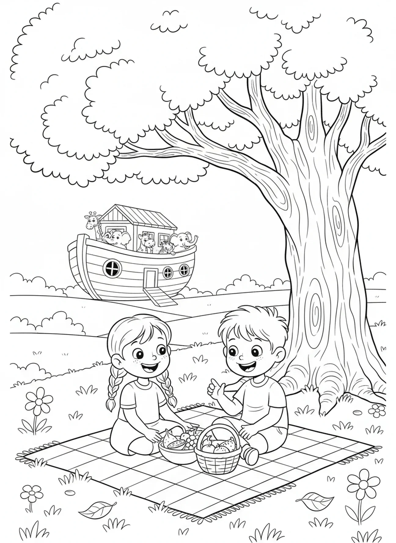 Kinder teilen Snacks, Ausmalbild zu 1 Korinther 13,4 für Kinder im Alter von 5-10 Jahren