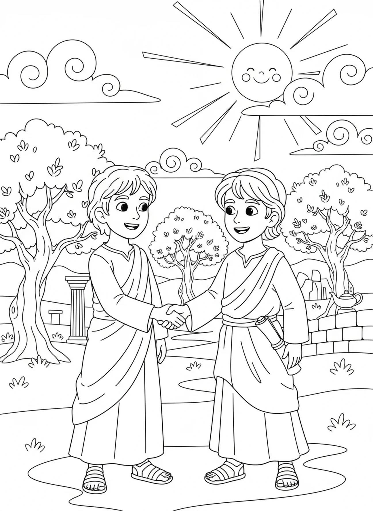 Deux amis se réconciliant, page à colorier 1 Corinthiens 13:4 pour les enfants de l'École du dimanche âgés de 5 à 12 ans