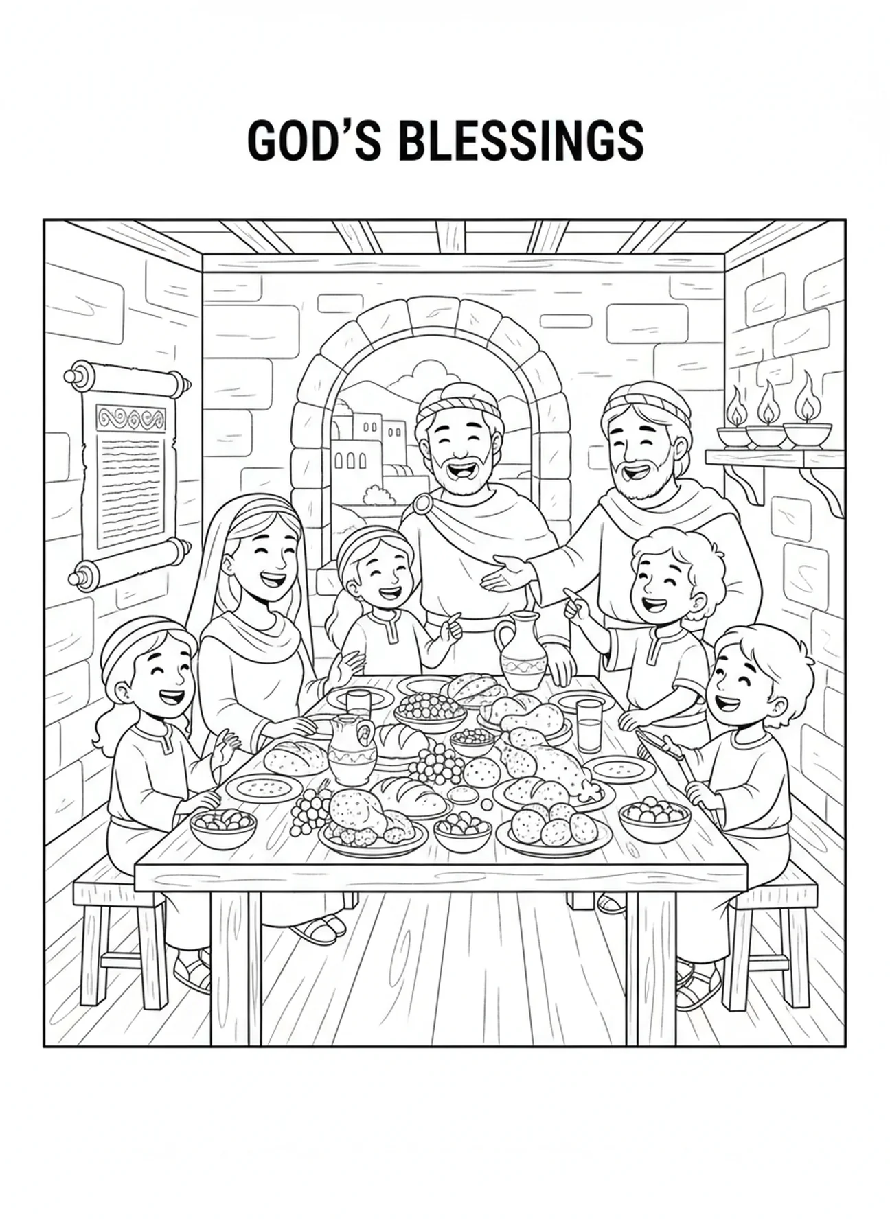 Famille partageant un repas ensemble, coloriage 1 Corinthiens 13:4 pour les enfants de l'École du dimanche âgés de 5 à 12 ans