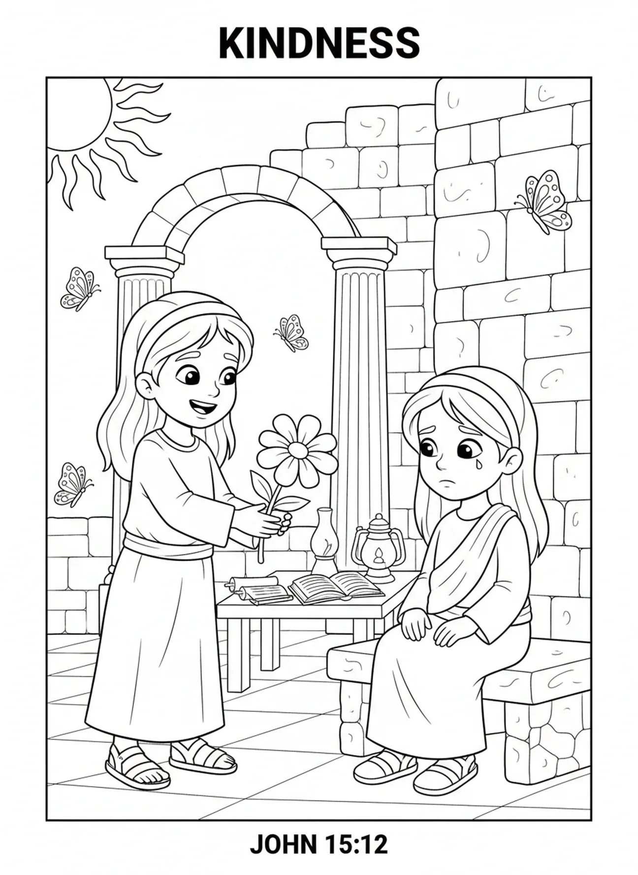 Fille offrant une fleur à une amie, page à colorier 1 Corinthiens 13:4 pour les enfants de l'École du dimanche âgés de 5 à 12 ans