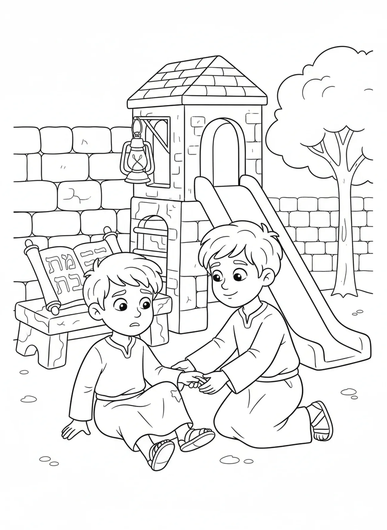 Garçon aidant un ami, coloriage 1 Corinthiens 13:4 pour les enfants de l'École du dimanche âgés de 5 à 12 ans