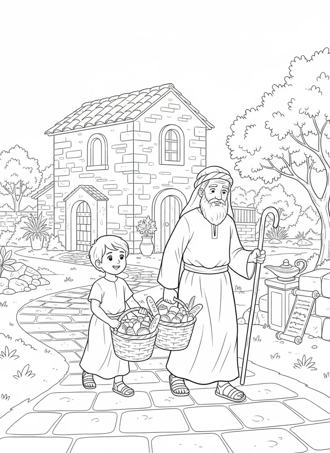 Enfant aidant un voisin âgé, page à colorier 1 Corinthiens 13:4 pour les enfants de l'École du dimanche âgés de 5 à 12 ans
