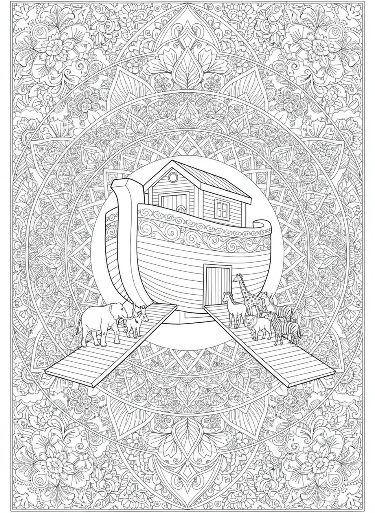 Paires d'animaux entrant dans l'arche, 1 Corinthiens 13:7 Tout supporte page à colorier pour adultes dans le style du journal biblique.