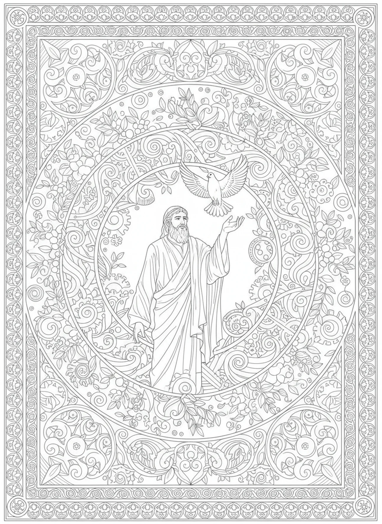 Noé libérant une colombe, 1 Corinthiens 13:7 Tout supporte page à colorier pour adultes dans un style de journal biblique.