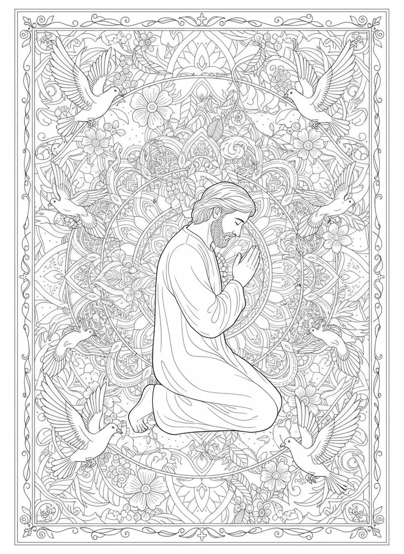 Noé s'agenouille en gratitude, 1 Corinthiens 13:7 Supporte tout page à colorier pour adultes dans un style de journal biblique.