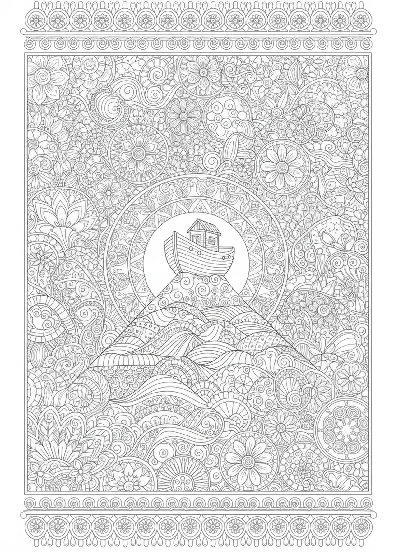 L'arche reposant sur une montagne, 1 Corinthiens 13:7 Supporte tout page à colorier pour adultes dans le style du journal biblique.