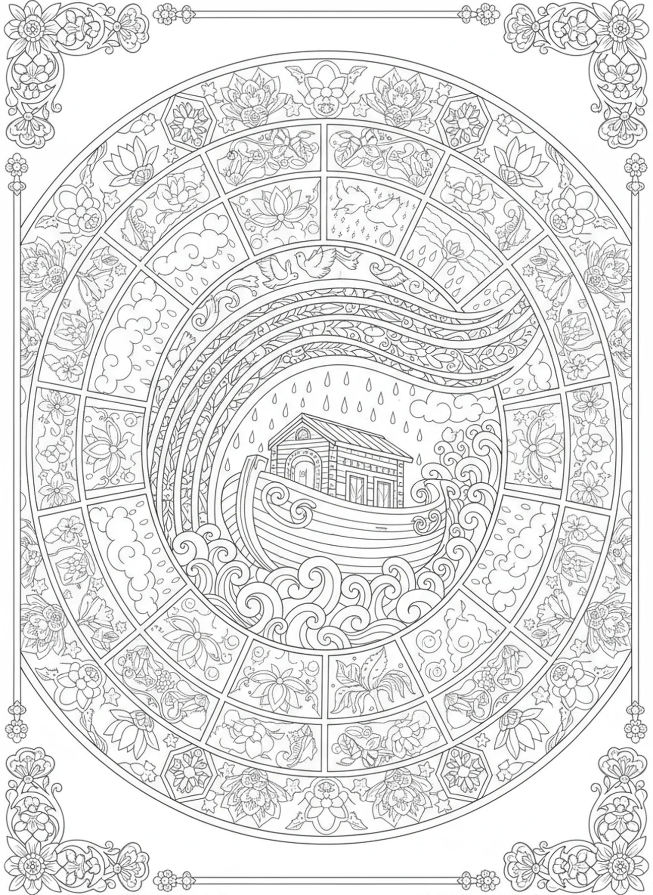 Arc-en-ciel au-dessus de l'arche, 1 Corinthiens 13:7 Supporte tout page à colorier pour adultes dans un style de journal biblique.