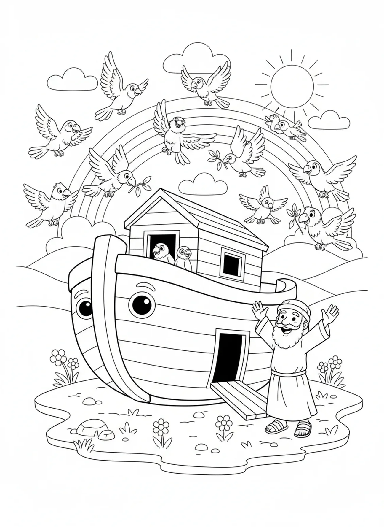 El arca de Noé en tierra firme, página para colorear 1 Corintios 13:8 El amor nunca falla para niños de 5 a 10 años.