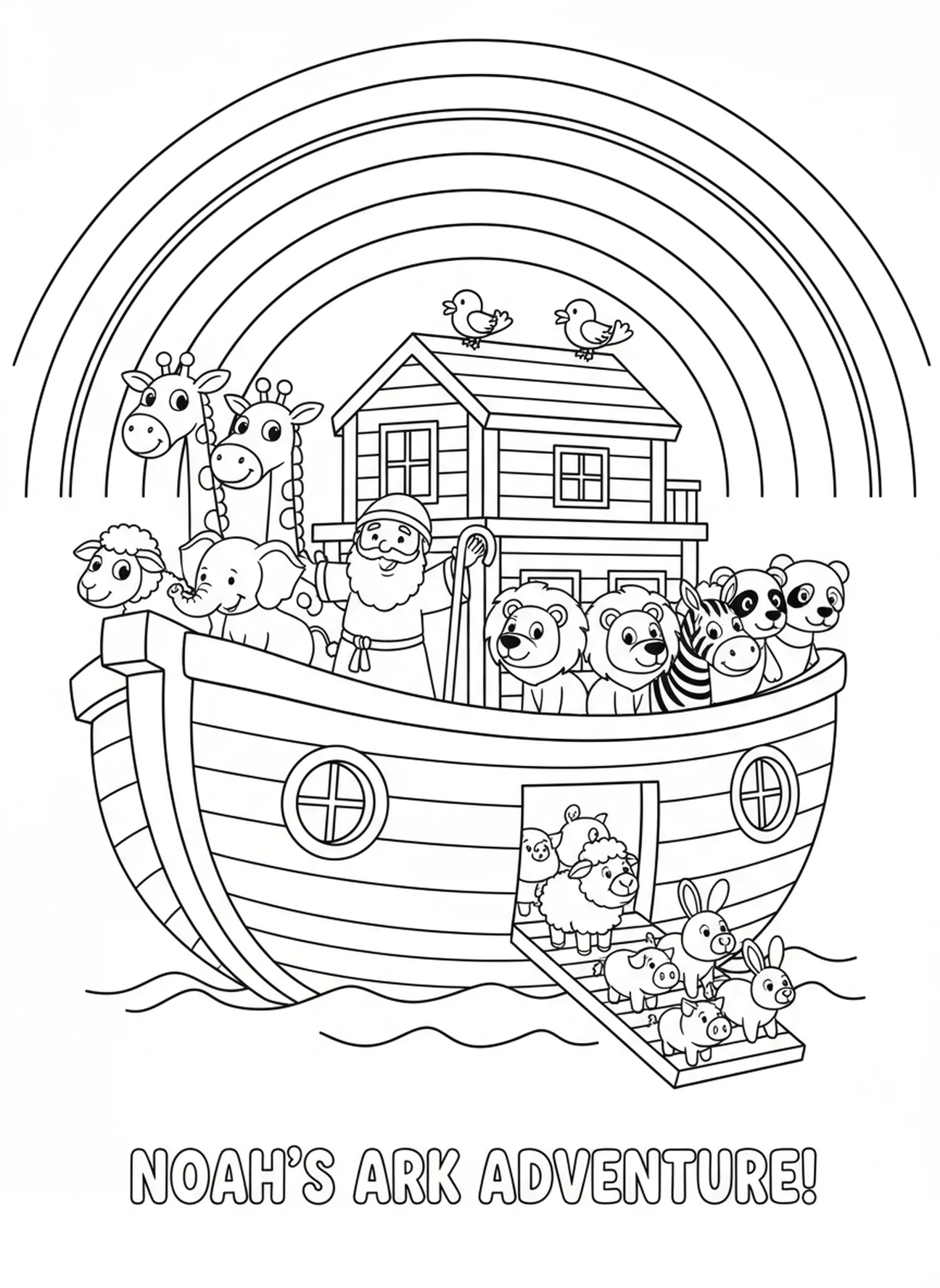 Arcoíris sobre el Arca de Noé, 1 Corintios 13:8 El Amor Nunca Deja de Ser, página para colorear para niños de 5 a 10 años.
