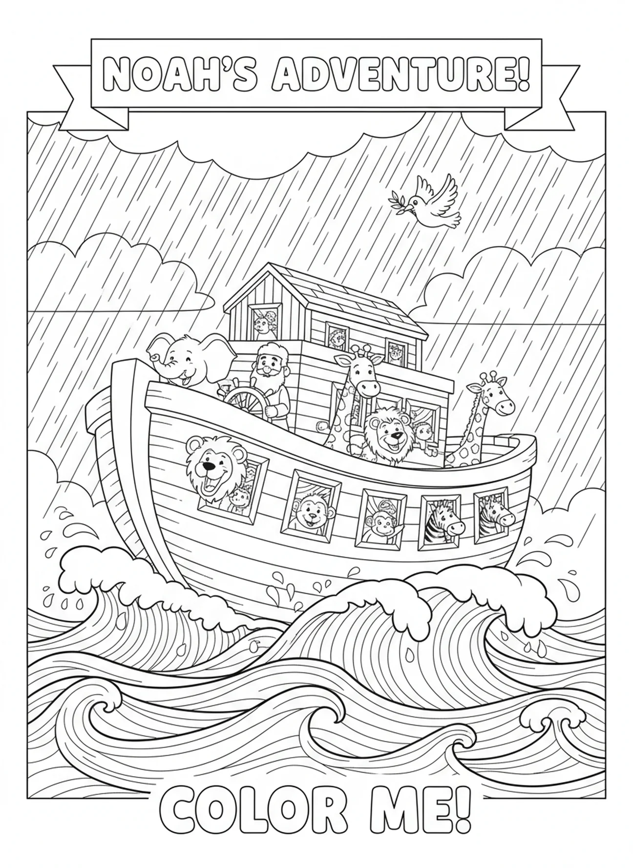 El Arca de Noé en mares tempestuosos, 1 Corintios 13:8 El amor nunca falla, página para colorear para niños de 5 a 10 años.