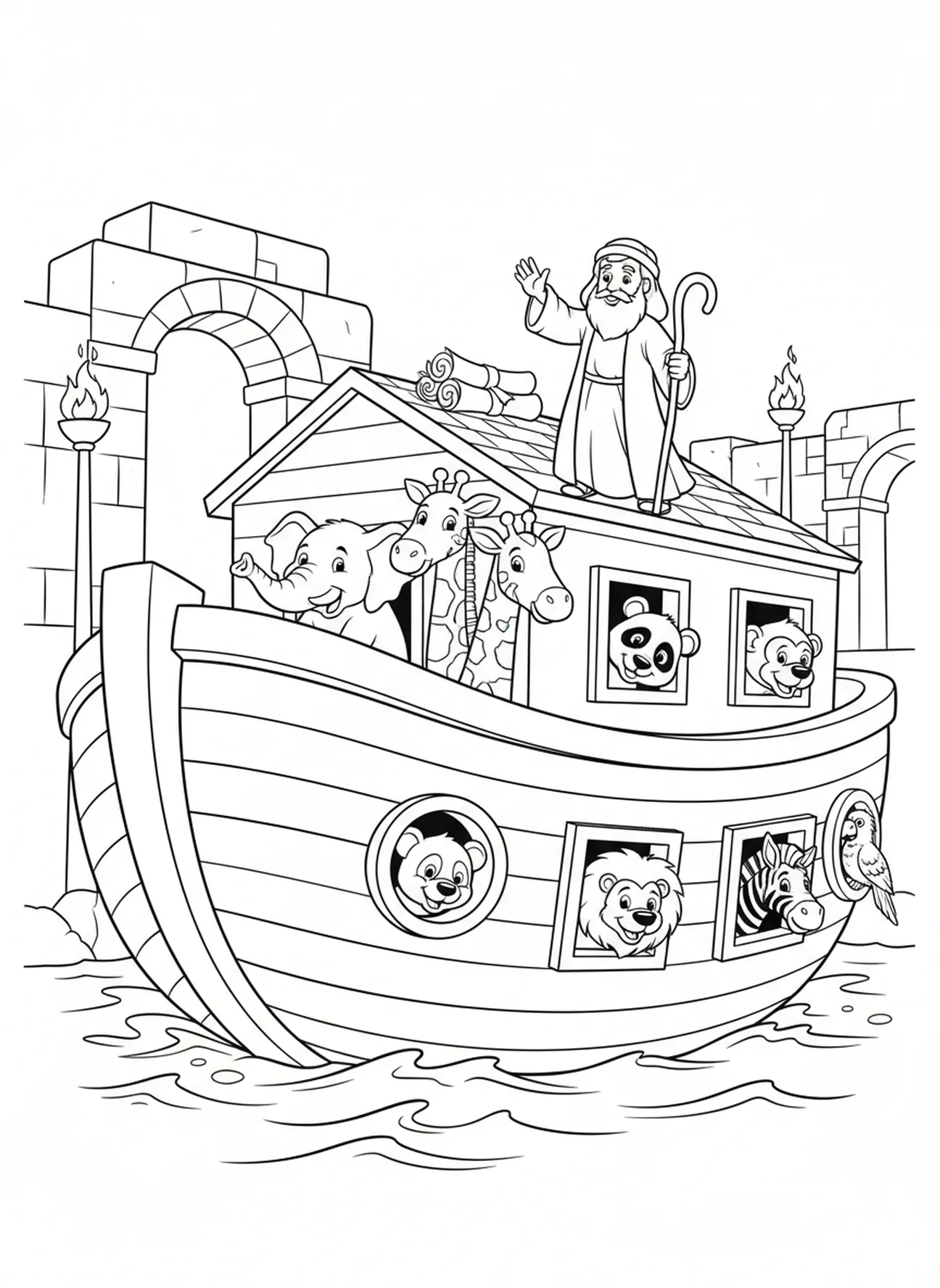 Animales de dibujos animados asomándose del arca, 1 Corintios 13:8 El amor nunca falla página para colorear para niños de Escuela Dominical de 5 a 12 años.