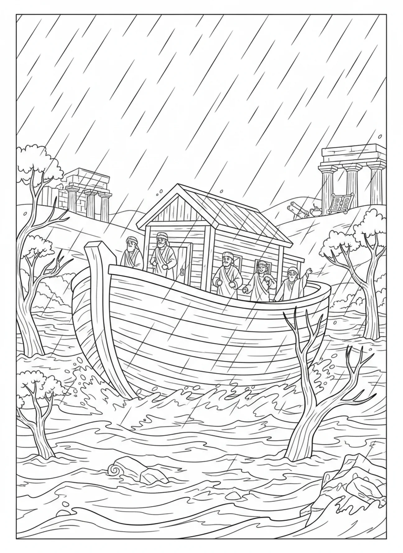 Arca de madera flotando sobre las aguas del diluvio, 1 Corintios 13:8 El amor nunca falla página para colorear para niños de la Escuela Dominical de 5 a 12 años.