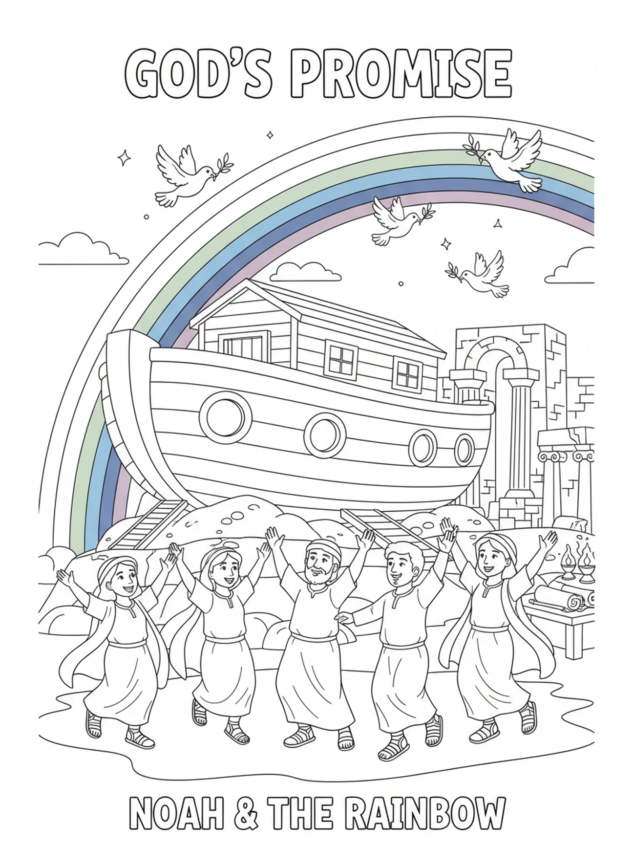 Arcoíris sobre el arca, 1 Corintios 13:8 El amor nunca falla página para colorear para niños de Escuela Dominical de 5 a 12 años.