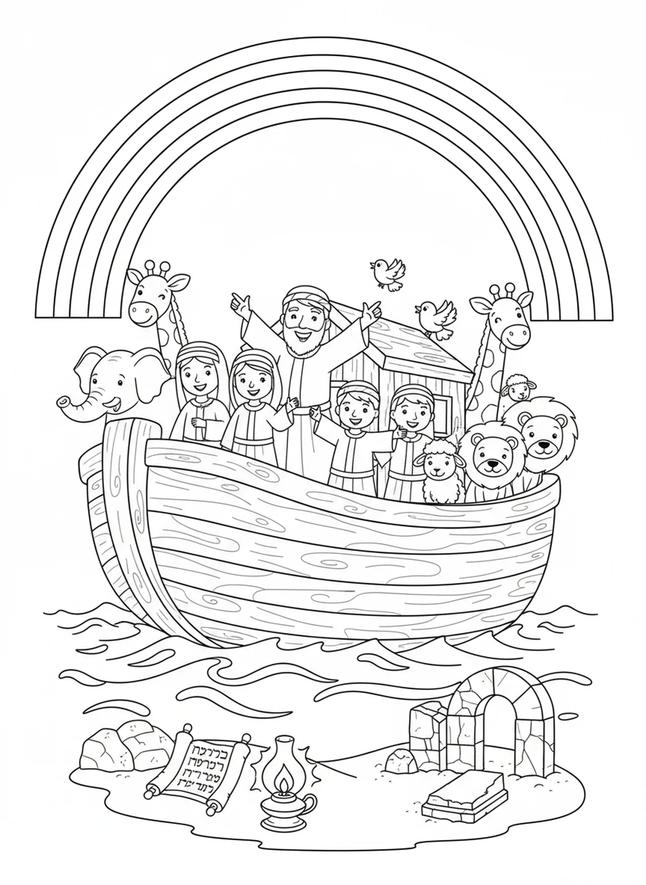 Noé y su familia admirando el arcoíris, 1 Corintios 13:8 El amor nunca falla página para colorear para niños de Escuela Dominical de 5 a 12 años.