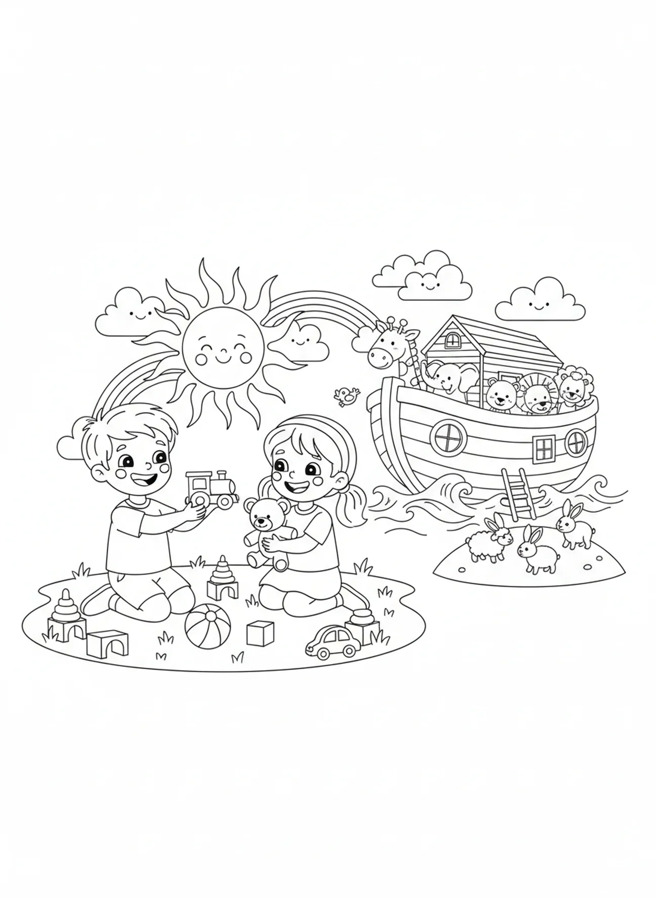 Duas crianças compartilhando brinquedos, página de colorir sobre o amor paciente de 1 Coríntios 13 para crianças de 5 a 10 anos