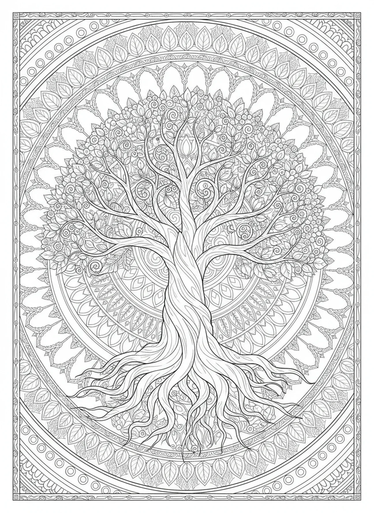 Arbre robuste avec des racines, page à colorier 1 Corinthiens 13 pour adultes dans le style du journal biblique