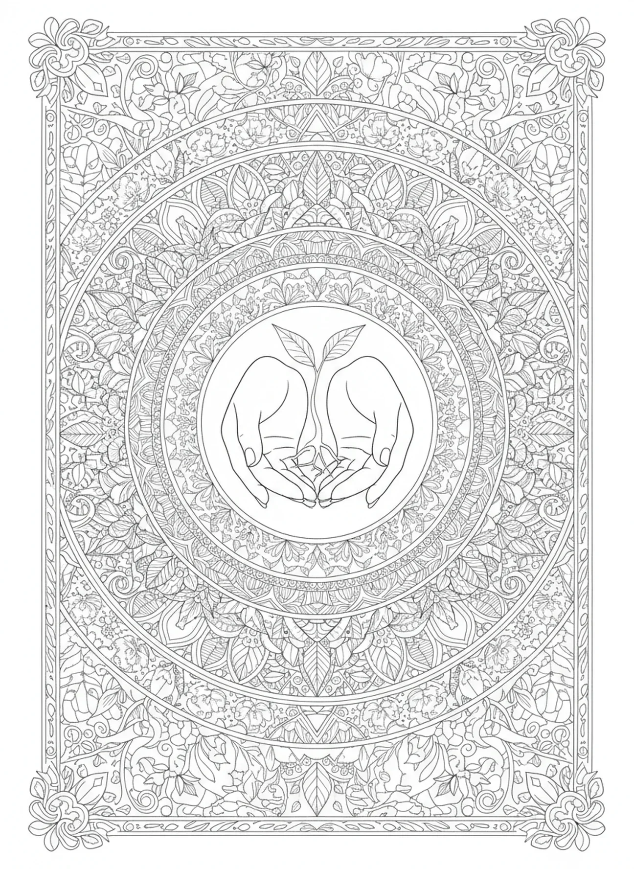 Mains nourrissant une plante, page à colorier 1 Corinthiens 13 pour adultes dans un style de journal biblique