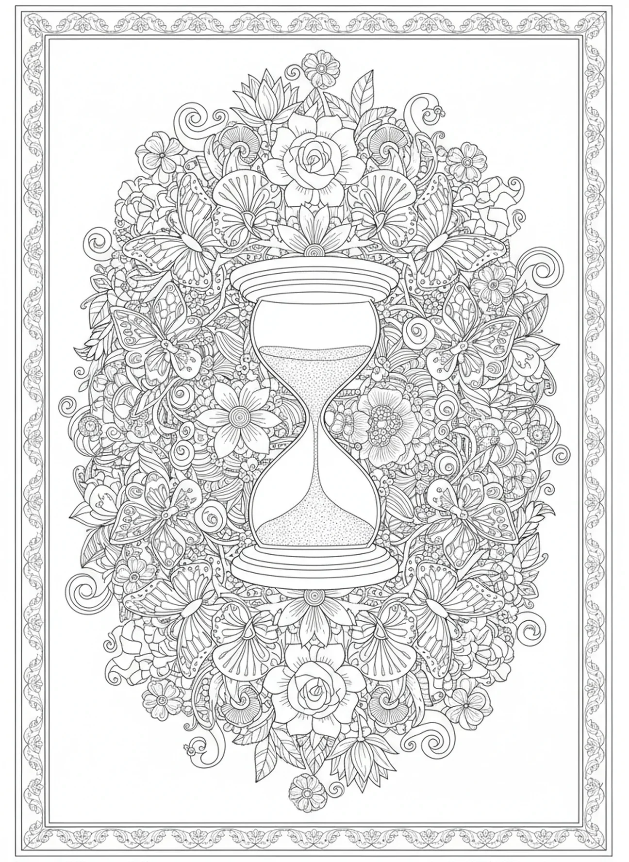 Sablier avec du sable, page à colorier 1 Corinthiens 13 pour adultes dans le style du journal biblique