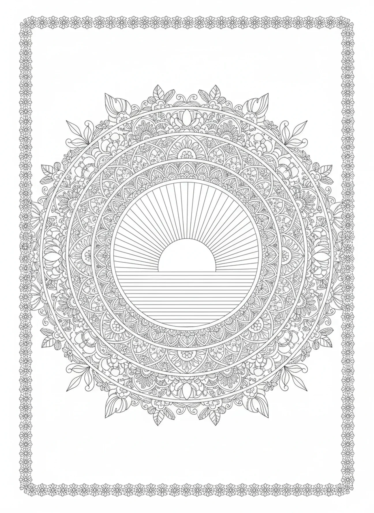 Lever de soleil à l'horizon, page à colorier 1 Corinthiens 13 pour adultes dans un style de journal biblique
