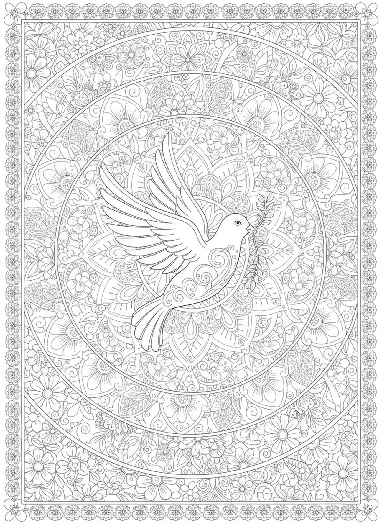 Colombe avec une branche d'olivier, page à colorier 1 Corinthiens 13 pour adultes dans le style du journal biblique