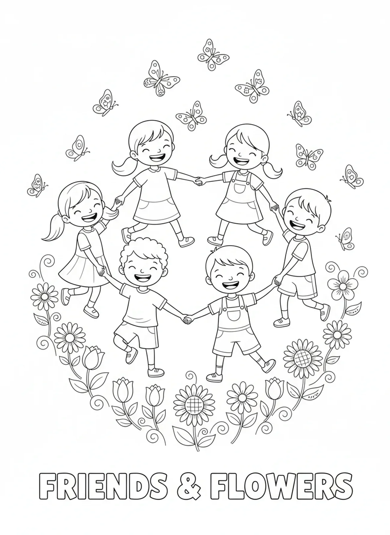 Groupe d'enfants jouant ensemble, page à colorier 1 Corinthiens 13 pour les enfants de 5 à 10 ans.