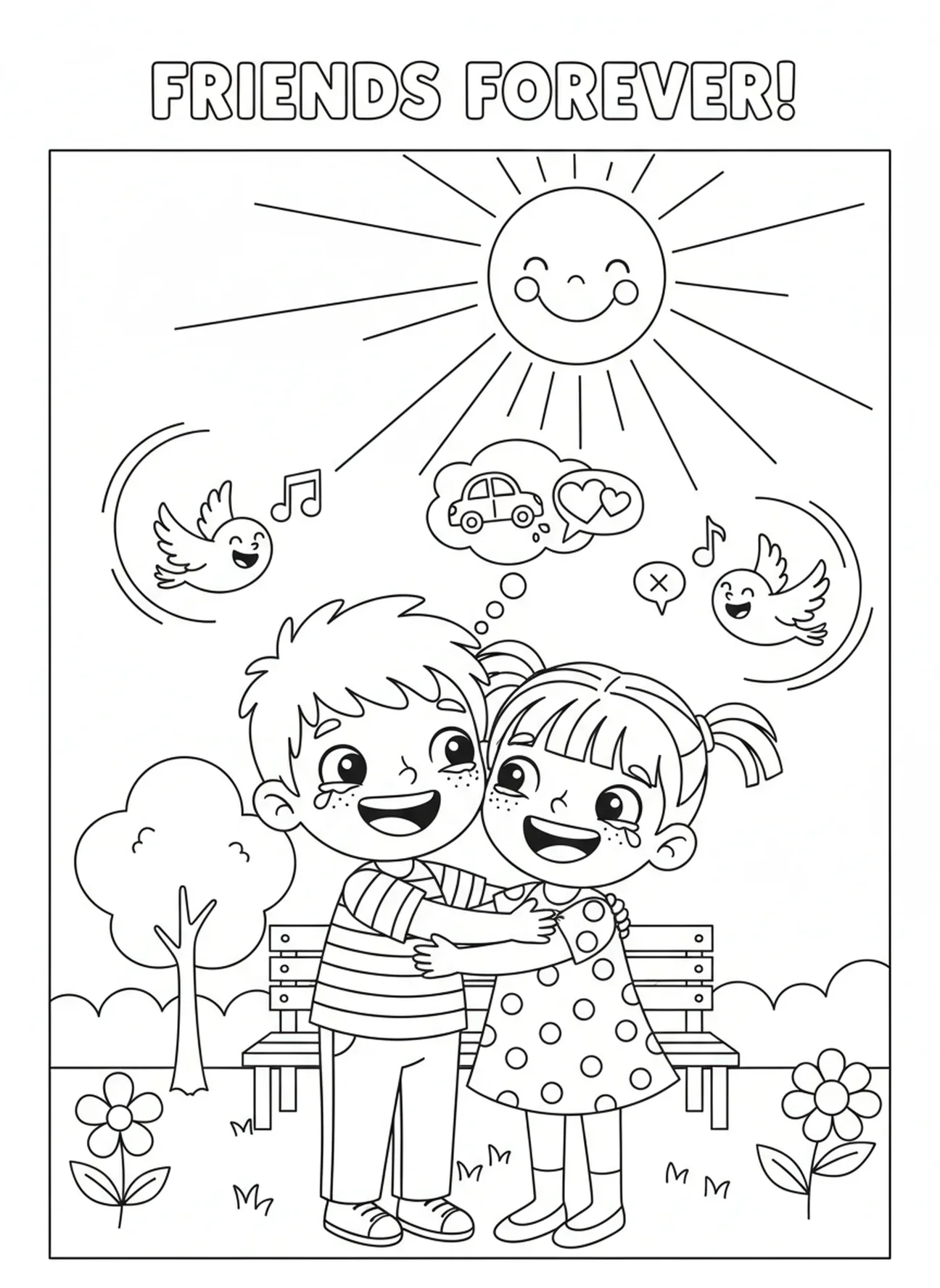 Enfant étreignant un ami, page à colorier sur 1 Corinthiens 13 pour les enfants de 5 à 10 ans.