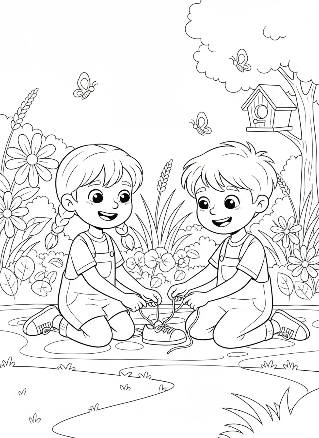 Deux enfants s'entraidant, page à colorier 1 Corinthiens 13 pour les enfants de 5 à 10 ans.