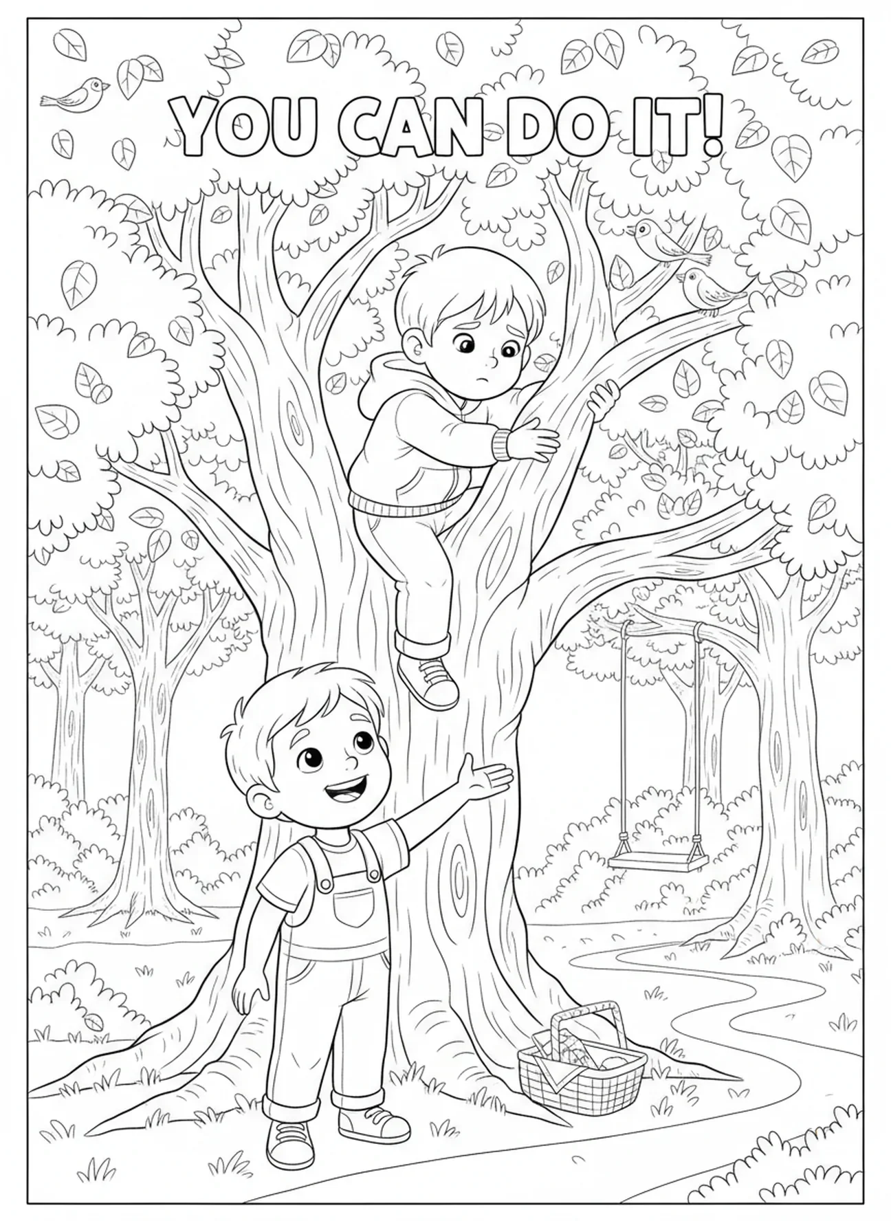 Enfant encourageant un ami grimpant à un arbre, page à colorier sur 1 Corinthiens 13 pour les enfants de 5 à 10 ans.
