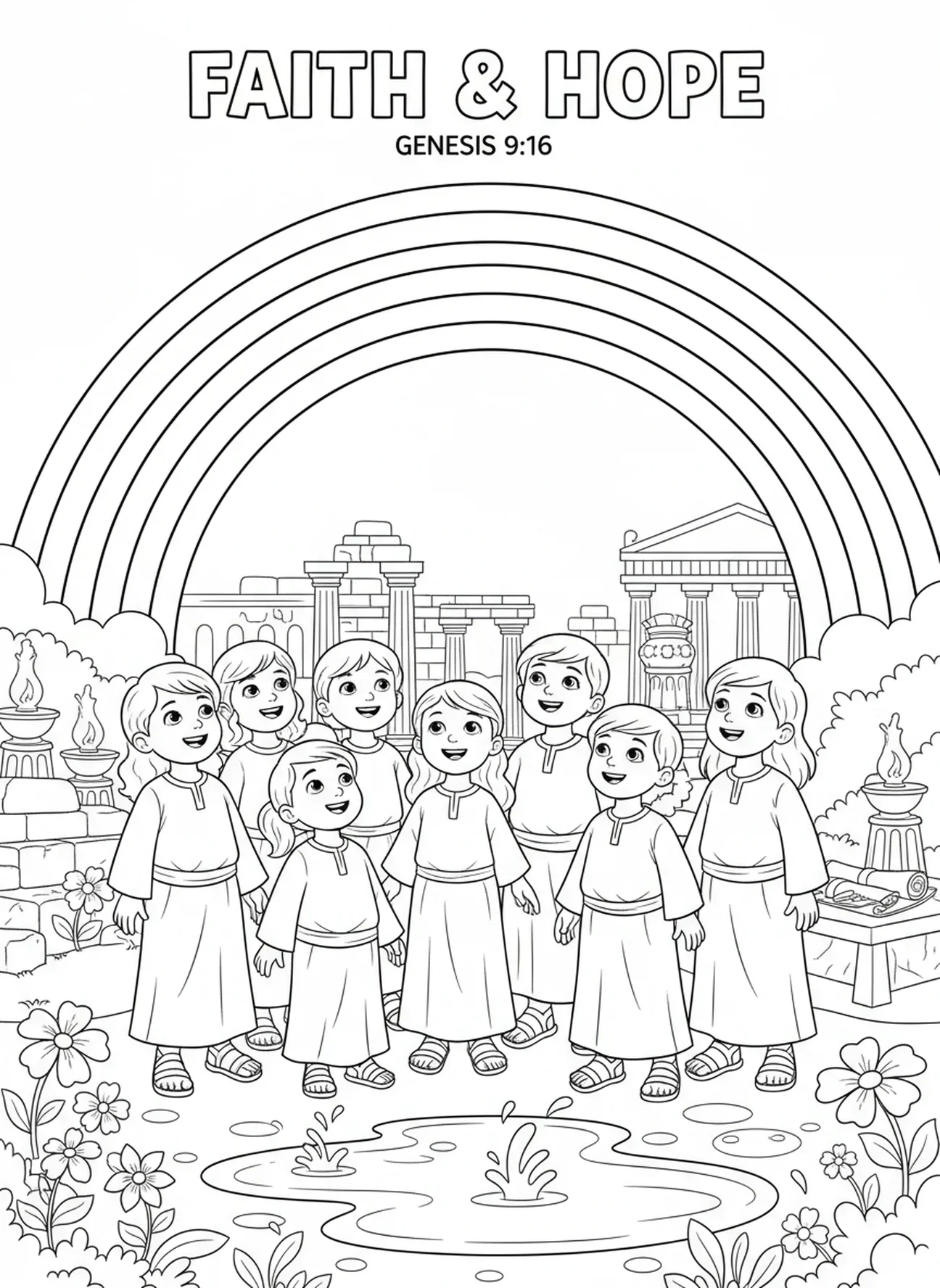 Crianças olhando para um arco-íris, página de colorir de 1 Coríntios 13 para crianças da Escola Dominical de 5 a 12 anos.