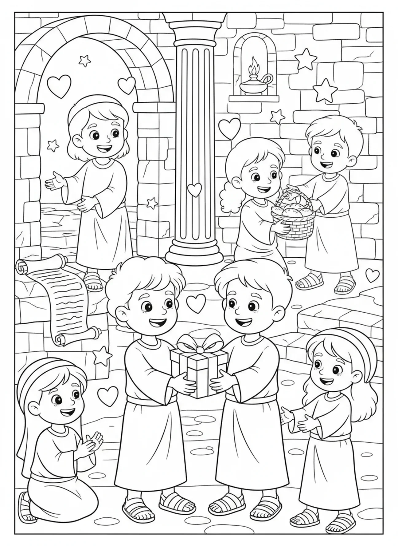 Crianças trocando presentes, página de colorir de 1 Coríntios 13 para crianças da Escola Dominical de 5 a 12 anos.