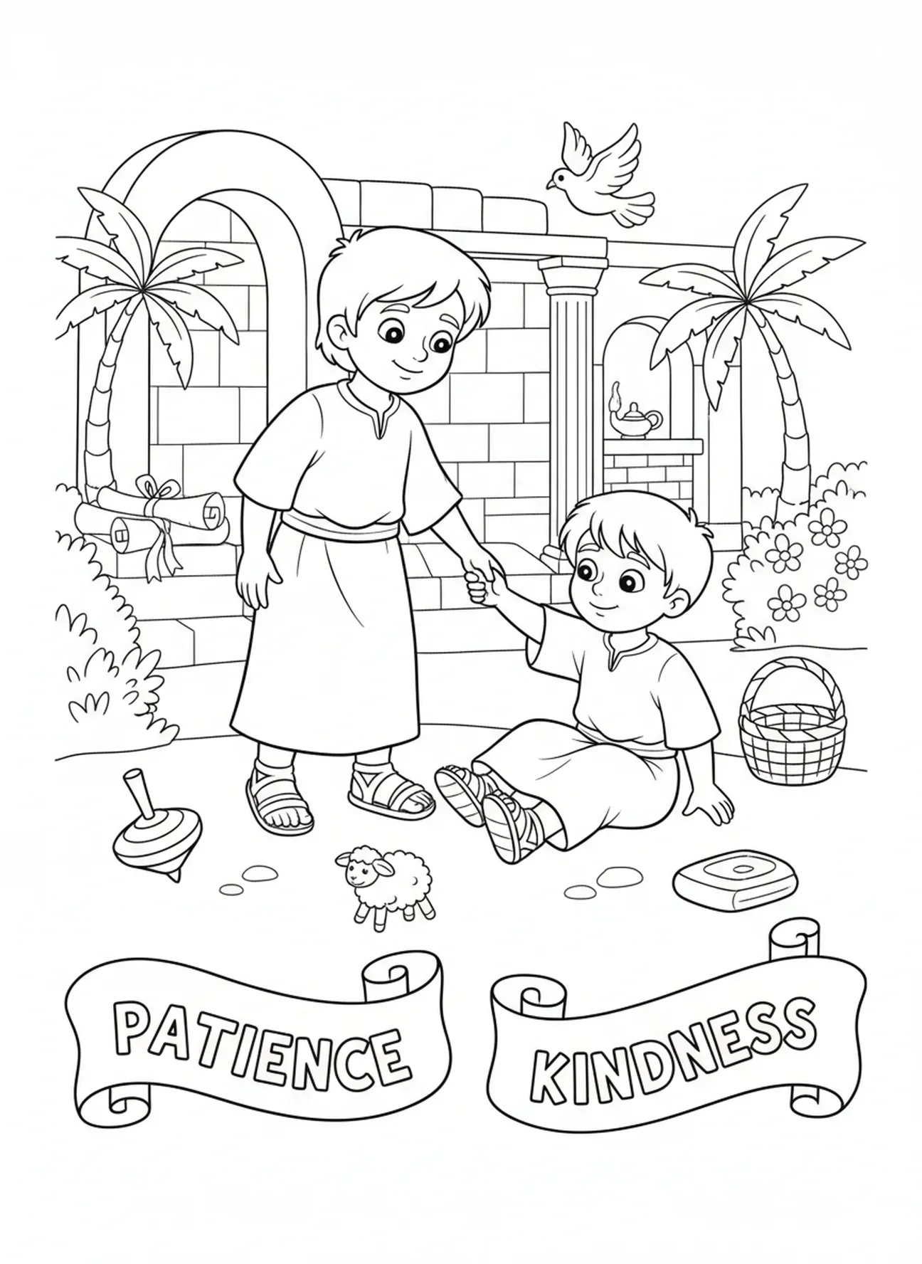 Criança ajudando outra, página para colorir de 1 Coríntios 13 para crianças da Escola Dominical de 5 a 12 anos.