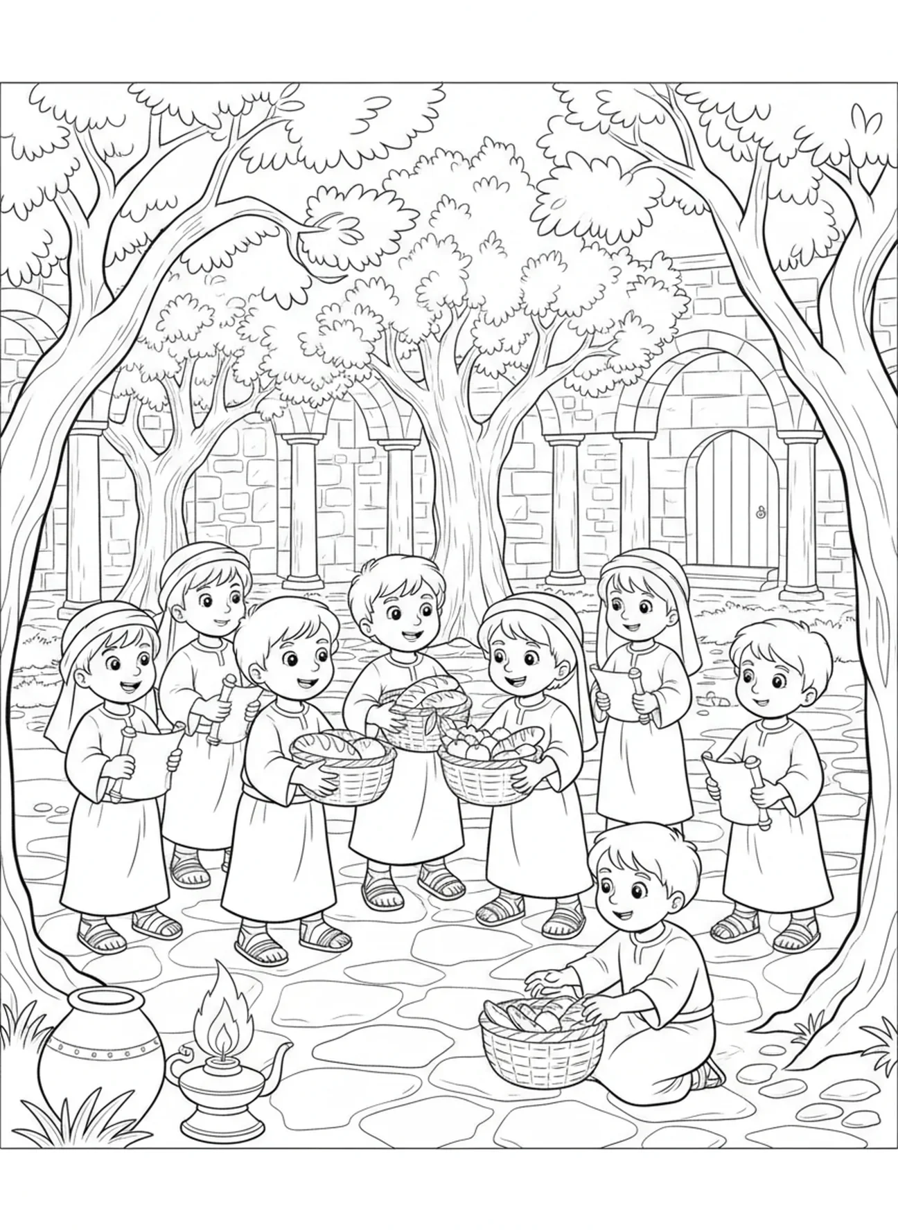 Crianças compartilhando comida, página para colorir de 1 Coríntios 13 para crianças da Escola Dominical de 5 a 12 anos.